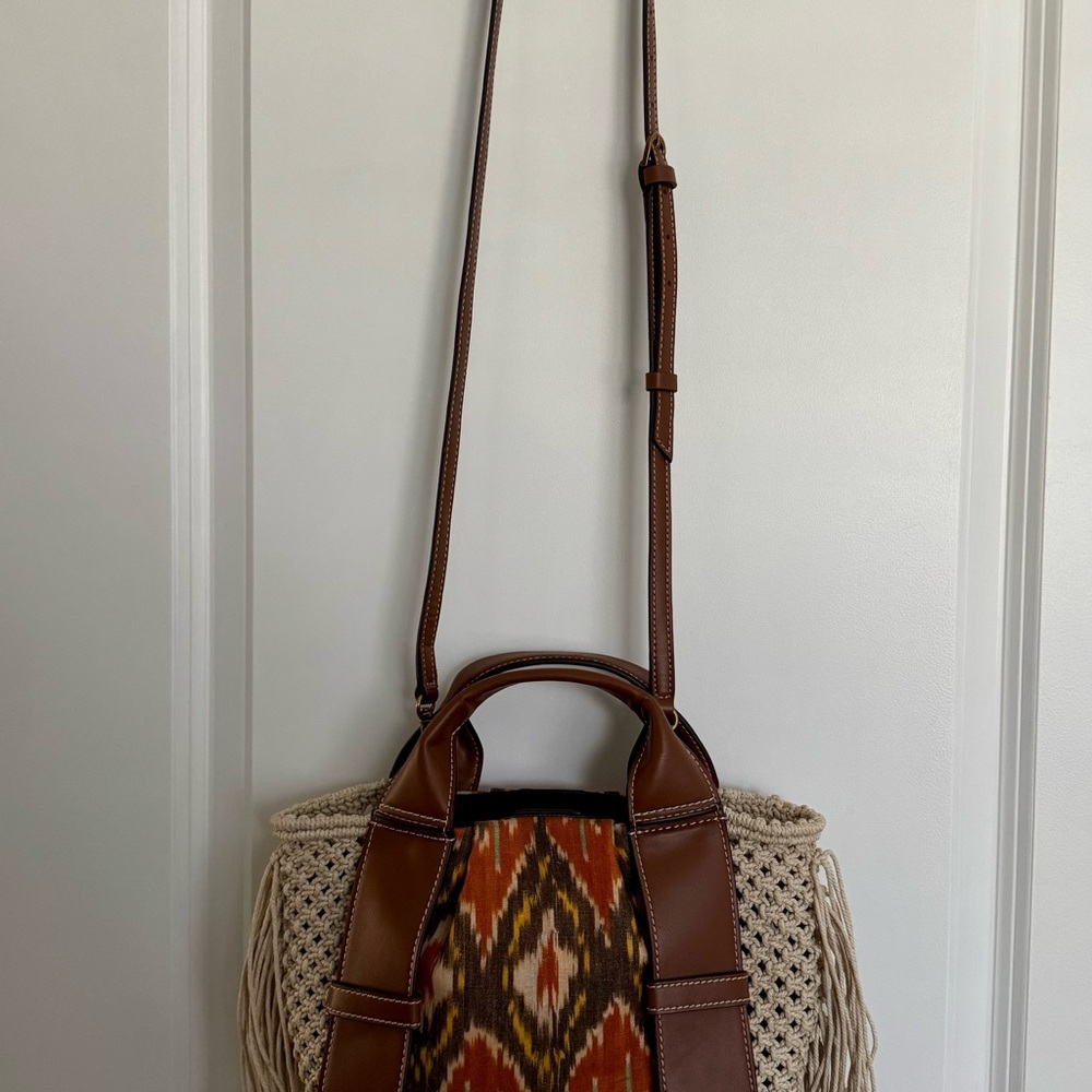 Sam Edelman Boho Purse Brown and Cream Woven Hand or Shoulder Bag with Macrame